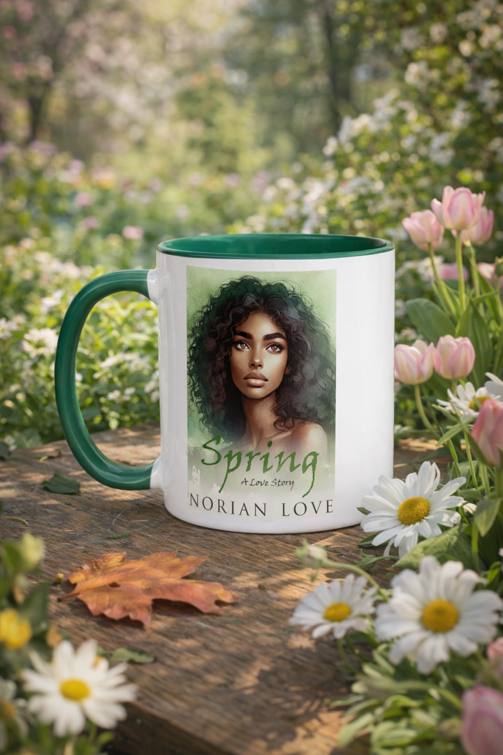 Mug with a woman's face on a wooden surface with flowers and leaves