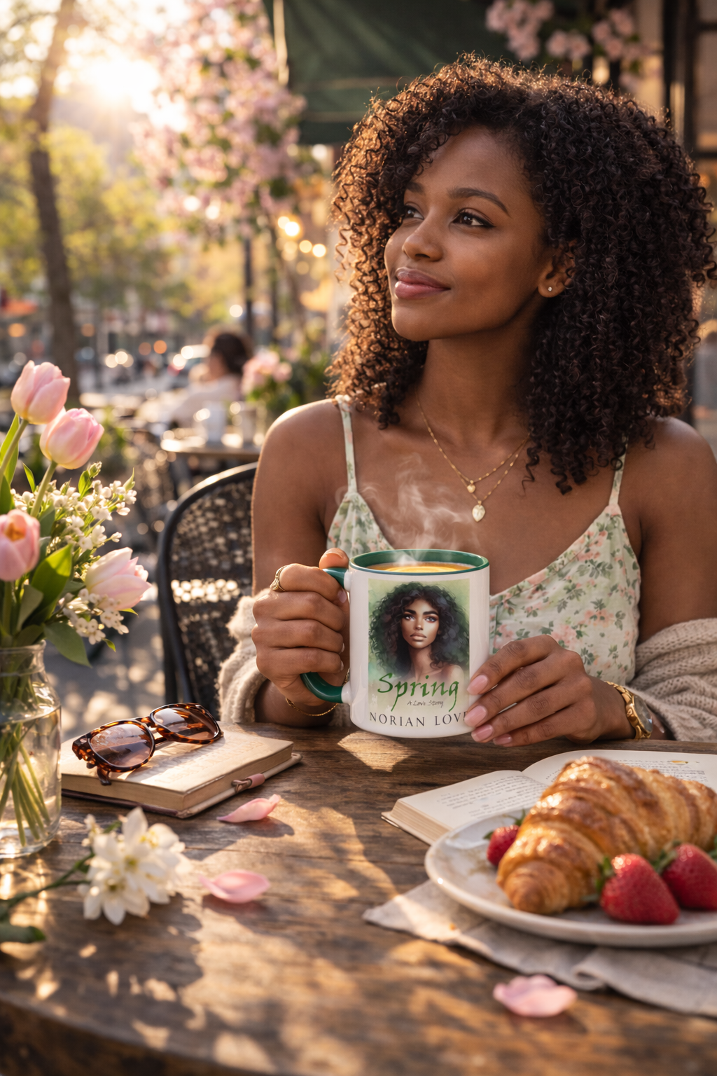 Woman holding a mug with a coffee cup design, sitting at an outdoor table with flowers and a croissant.