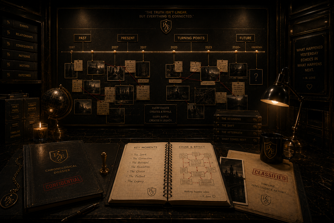 Dark office with open notebook, classified document, and vintage decor