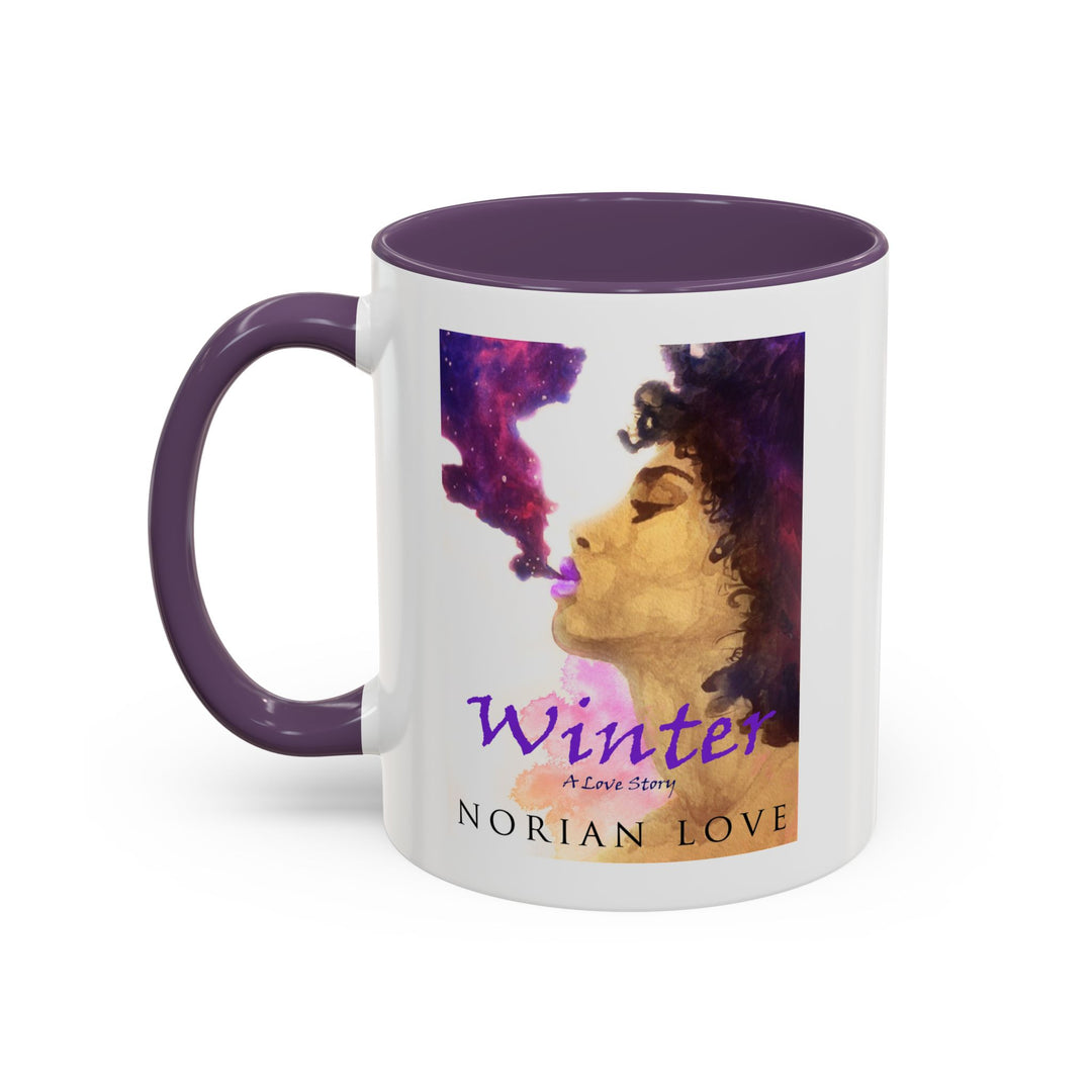 Mug with a design of a woman's face and the text 'Winter' by Norian Love on a white background.