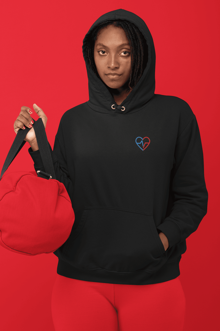 Woman holding red Gym Bag wearing Love Clan Classic Embroidered Hoodie by Norian Love