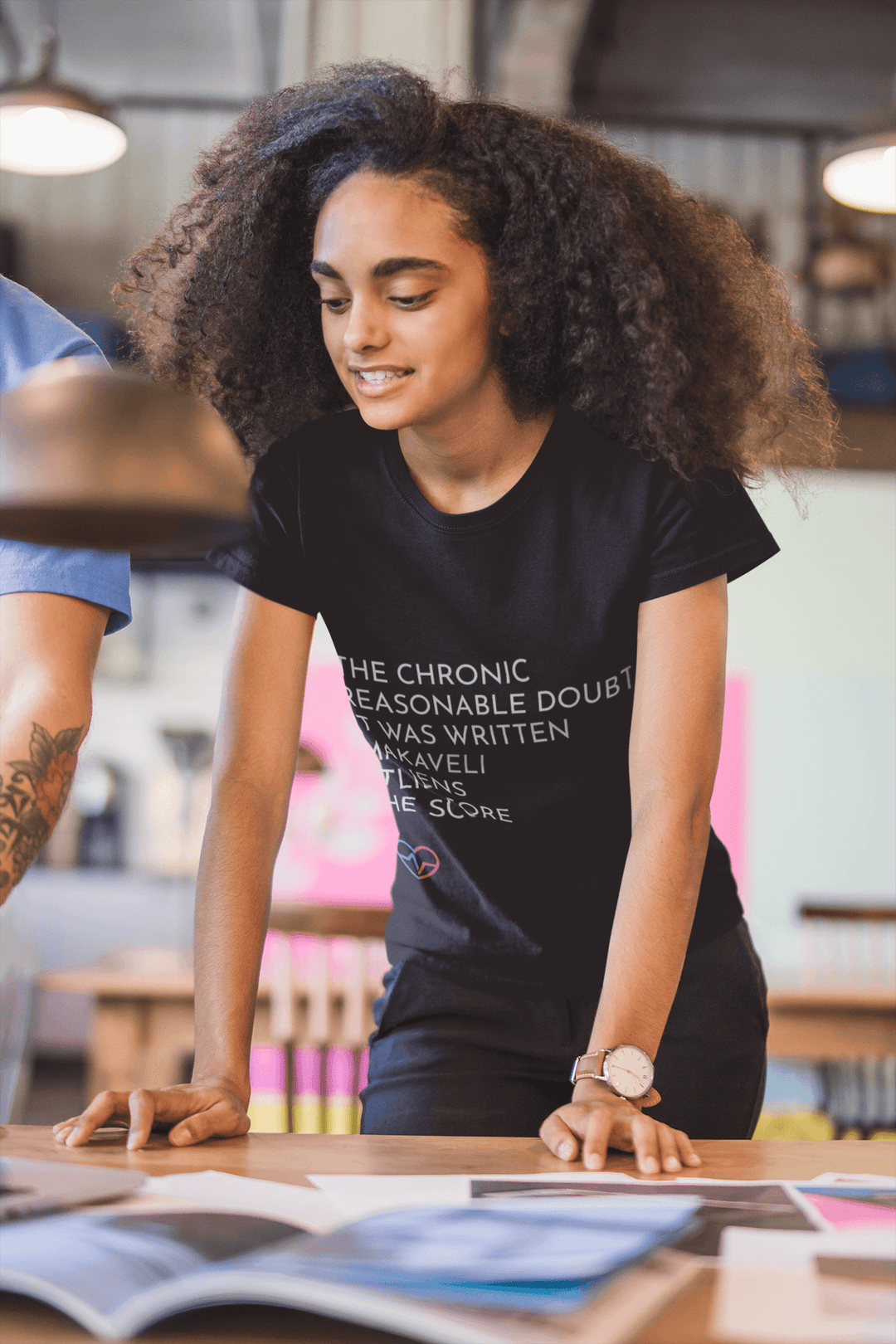 Young black woman in meeting wearing Hip-Hop Essentials Tee -byNorian Love