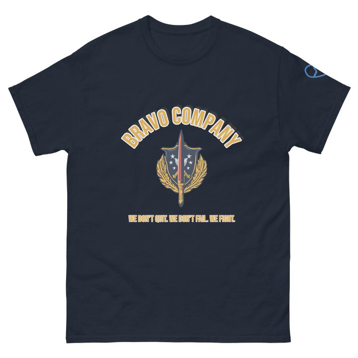 Bravo Company graphic tee in navy blue on flatlay background