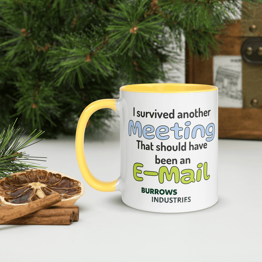 White ceramic mug with a yellow handle and interior featuring the Burrows Industries meeting-themed design.