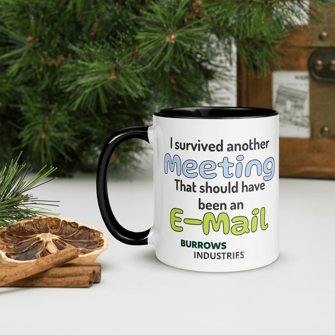 White ceramic mug with a black handle and interior featuring the Burrows Industries meeting-themed design