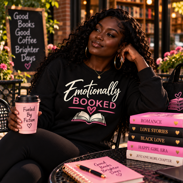 Dark-skinned Black woman modeling Emotionally Booked crewneck sweatshirt