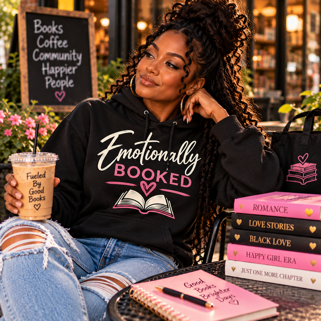 Emotionally Booked hoodie modeled at outdoor bookstore cafe