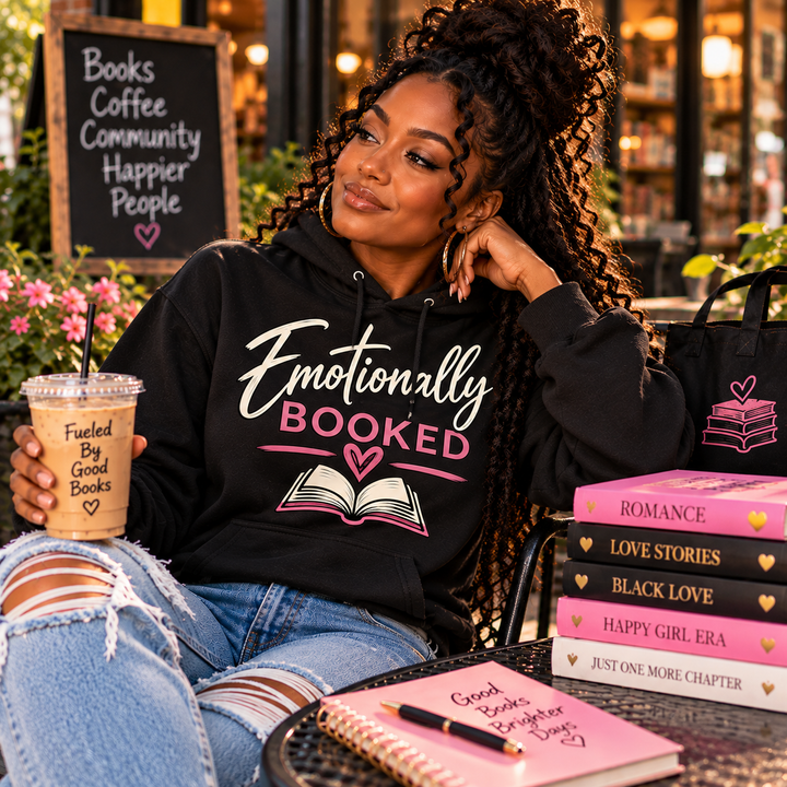 Emotionally Booked hoodie modeled at outdoor bookstore cafe
