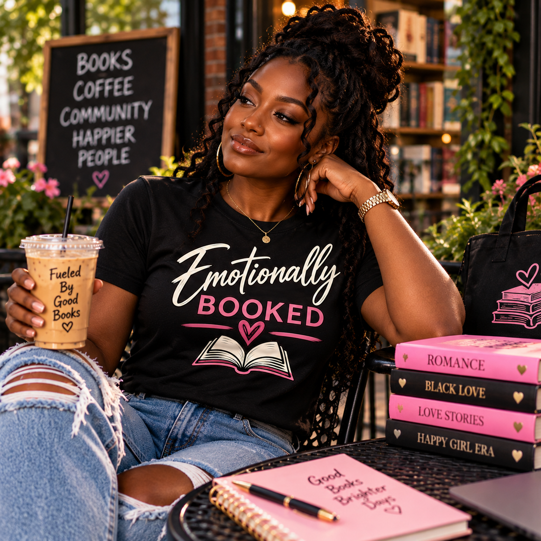 Woman in Emotionally Booked T-shirt at outdoor bookstore cafe