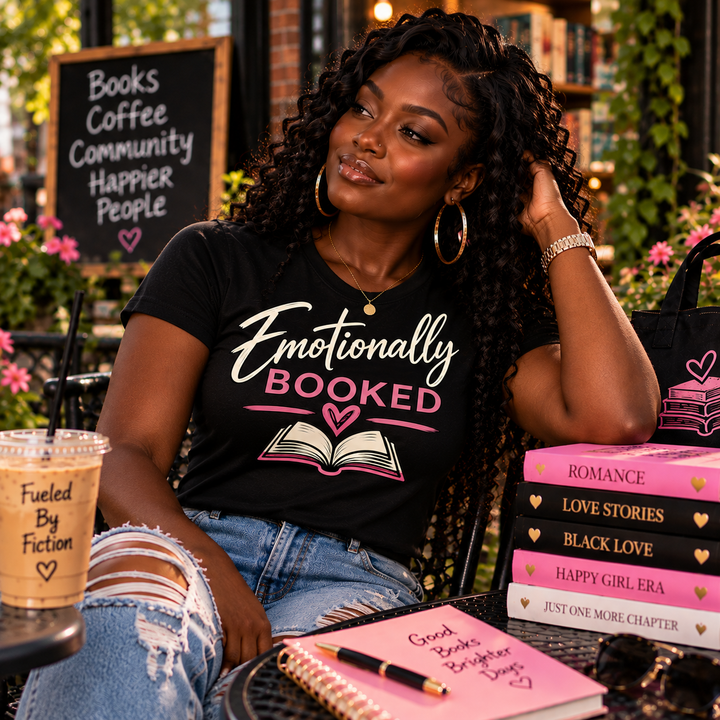 Emotionally Booked women's T-shirt worn by dark-skinned woman with natural curls