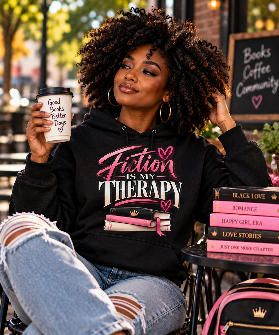Fiction Is My Therapy Hoodie modeled lifestyle image