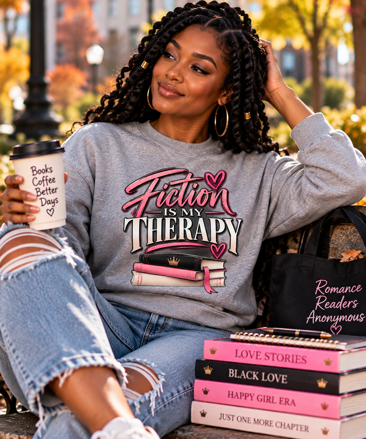 Fiction Is My Therapy Sweater modeled lifestyle image