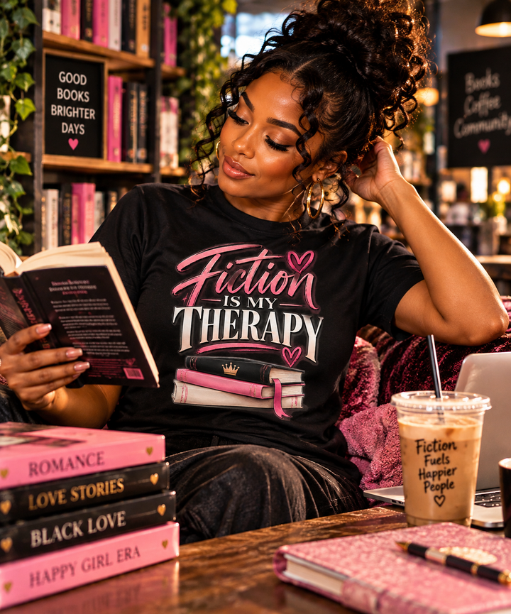 Black Fiction Is My Therapy T-shirt worn by woman reading in cozy bookstore