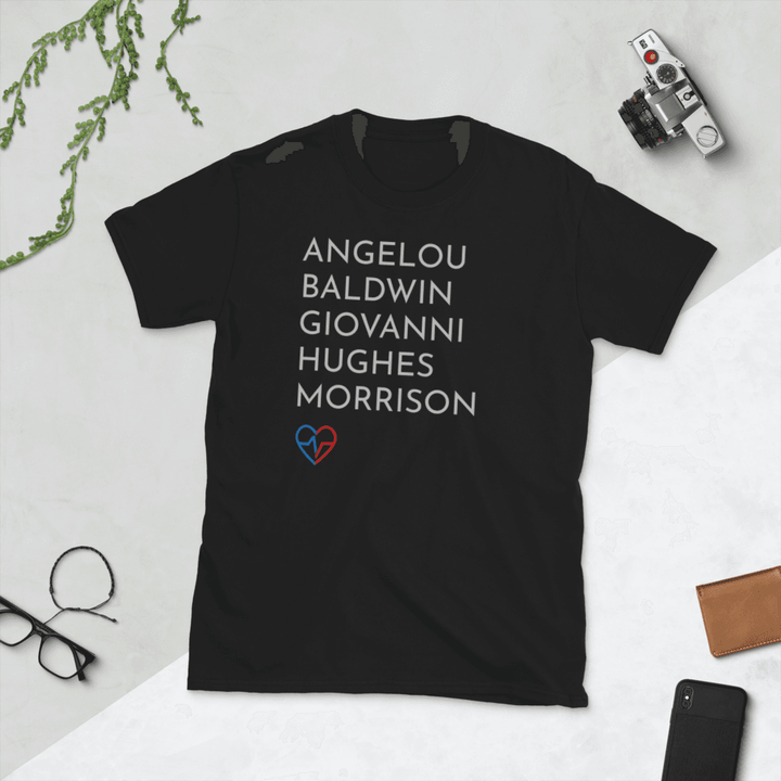 Black GOATS T-Shirt featuring names of Black literary icons Angelou, Baldwin, Giovanni, Hughes, and Morrison.