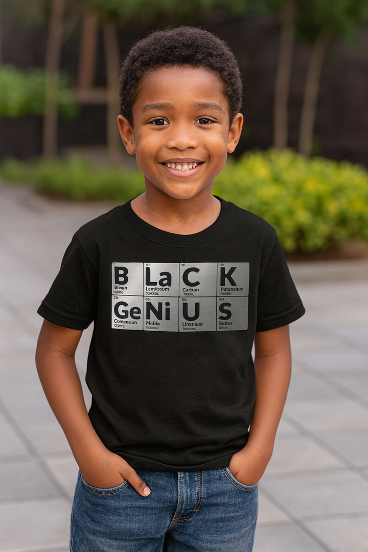 Young Black boy wearing Kids Black Genius T-Shirt in a park, youth HBCU apparel and STEM pride fashion.