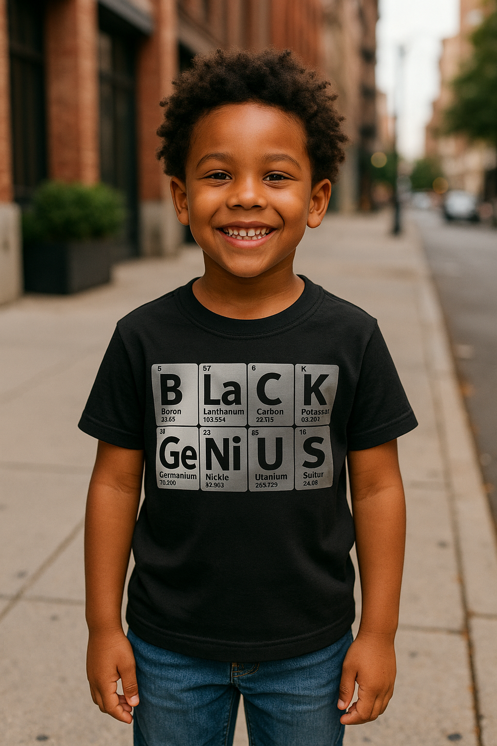 Confident Black child in Kids Black Genius Tee standing on a city street, youth STEM and HBCU pride shirt.