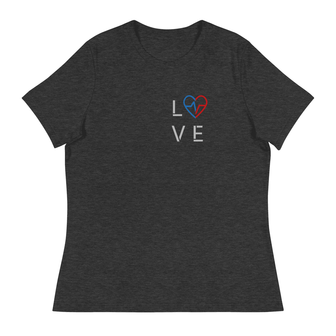Dark heather women’s Love Season tee with the red and blue heart emblem centered on the chest.