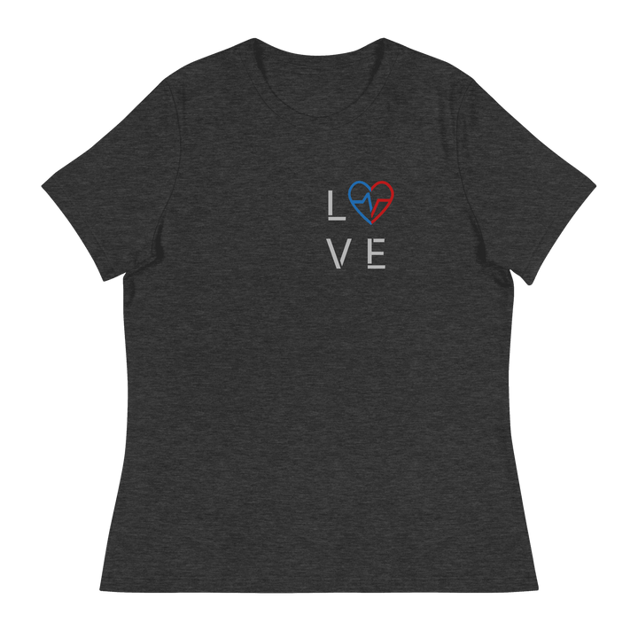 Dark heather women’s Love Season tee with the red and blue heart emblem centered on the chest.