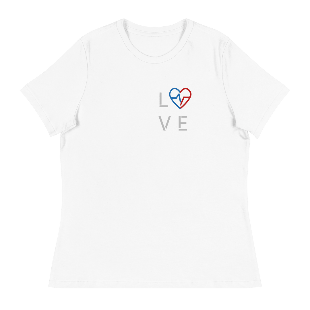 White women’s Love Season tee featuring the red and blue heart emblem on a clean flat lay.