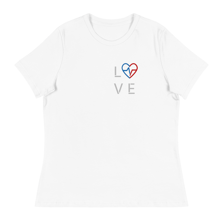 White women’s Love Season tee featuring the red and blue heart emblem on a clean flat lay.