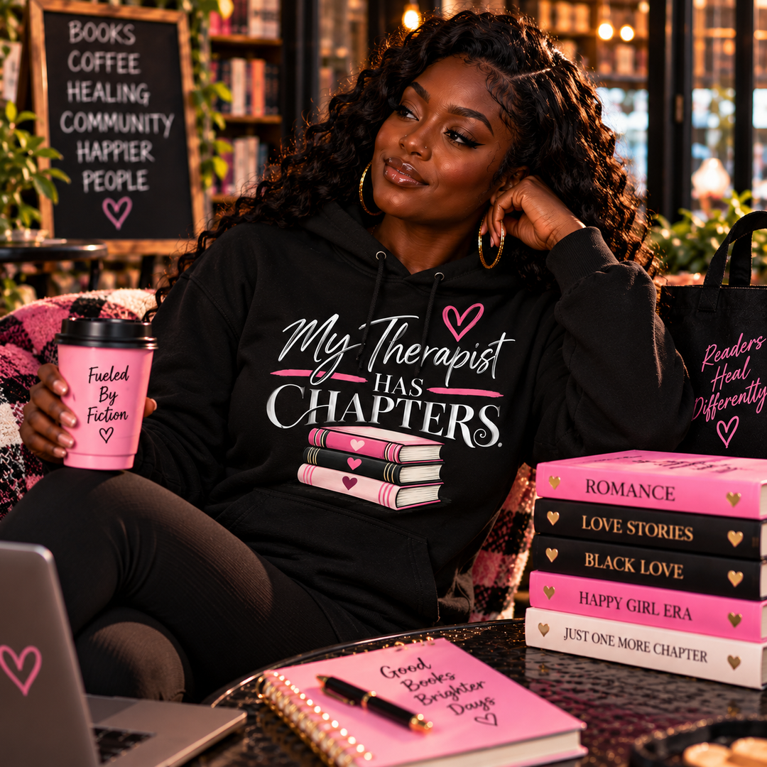 My Therapist Has Chapters hoodie worn by woman at book cafe
