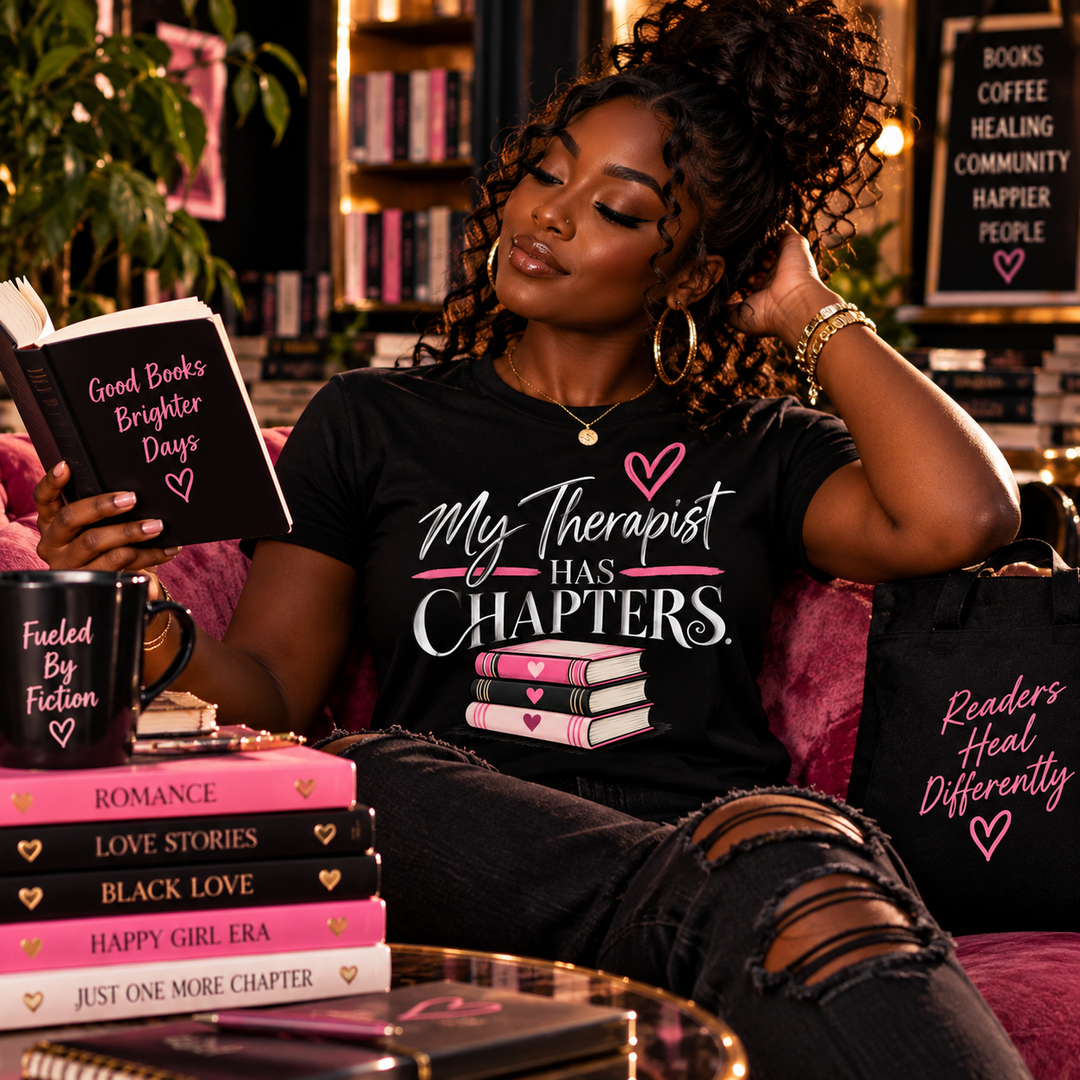 My Therapist Has Chapters unisex T-shirt modeled in reading lounge