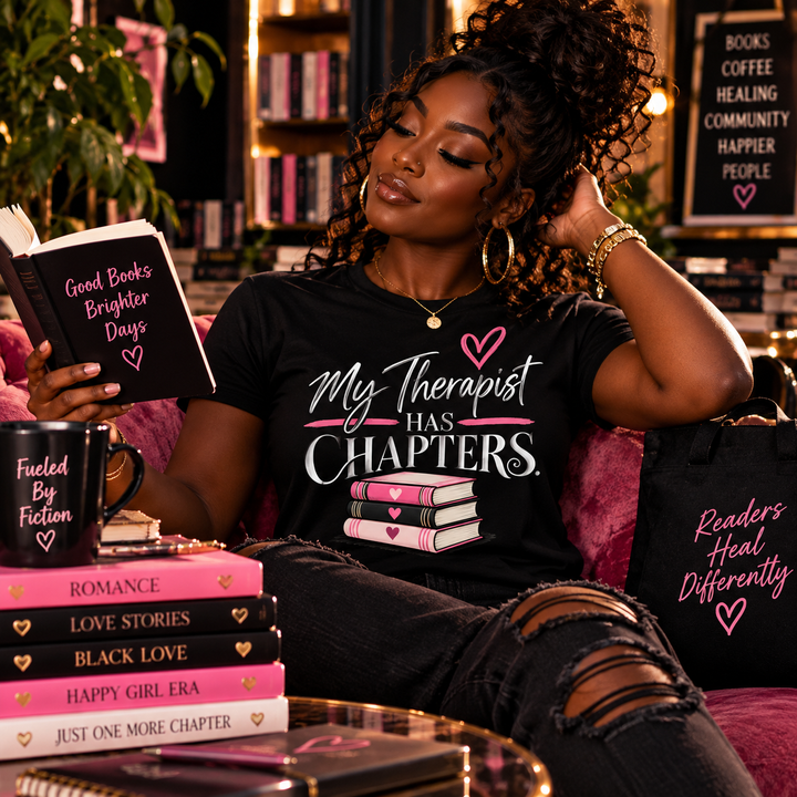 My Therapist Has Chapters unisex T-shirt modeled in reading lounge
