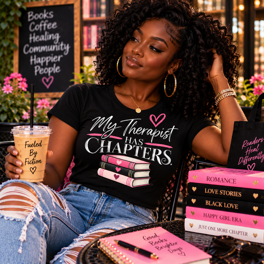 Black woman with natural curls wearing My Therapist Has Chapters women's T-shirt at an outdoor bookstore cafe