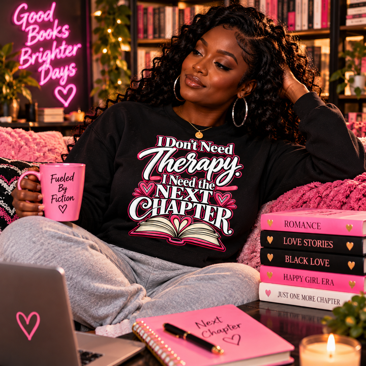 Black woman modeling I Don't Need Therapy I Need the Next Chapter crewneck sweatshirt