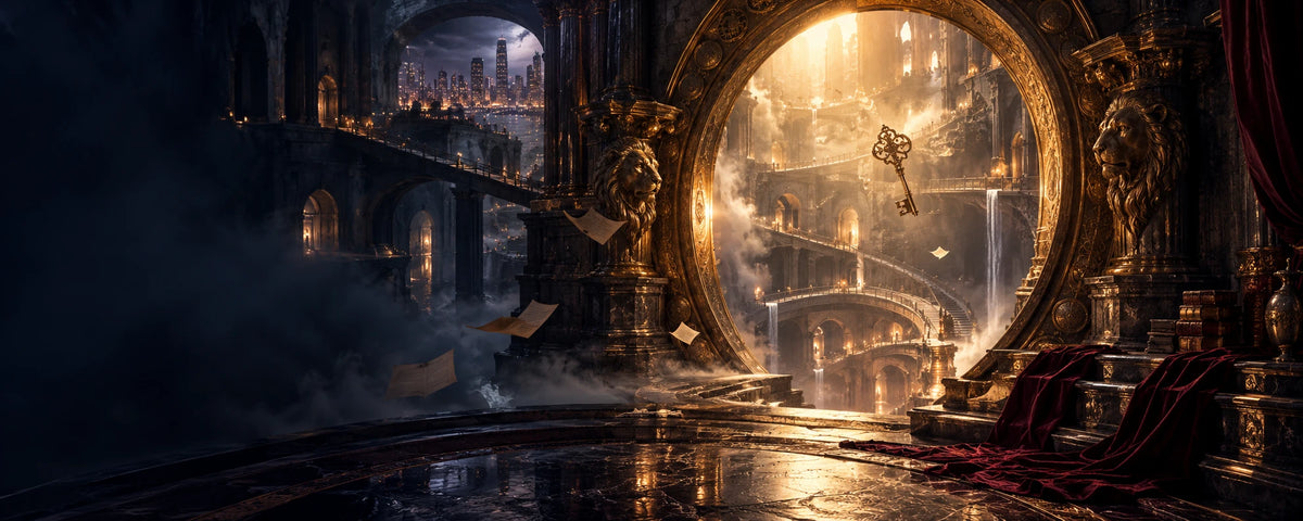 A gold portal opens into endless descending levels of the Rabbit Hole, with a floating Key and sculpted lion arch