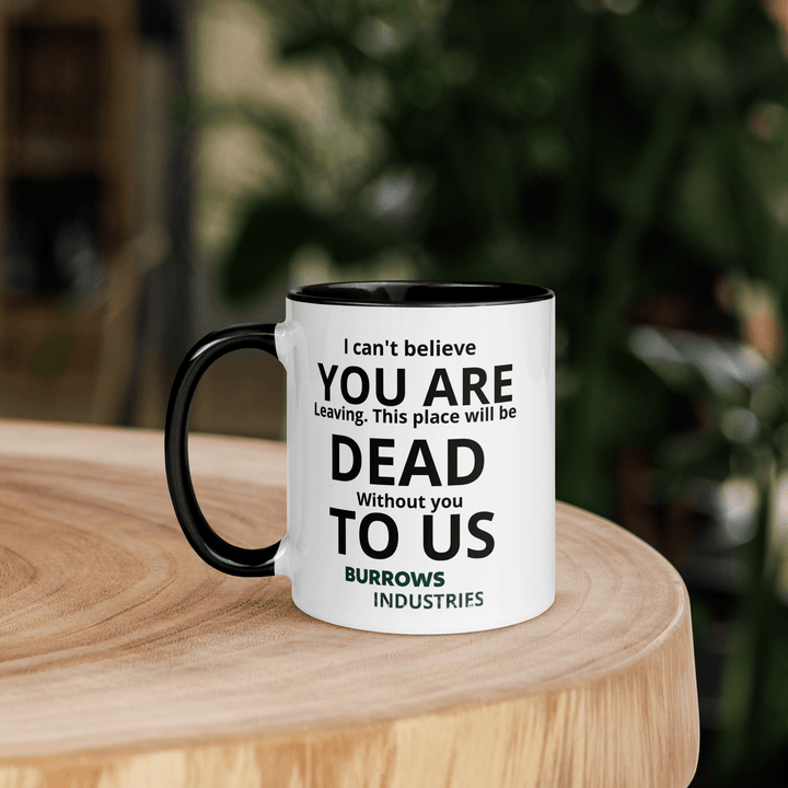 White ceramic mug with black handle and interior featuring the Burrows Industries heart-monitor style logo.