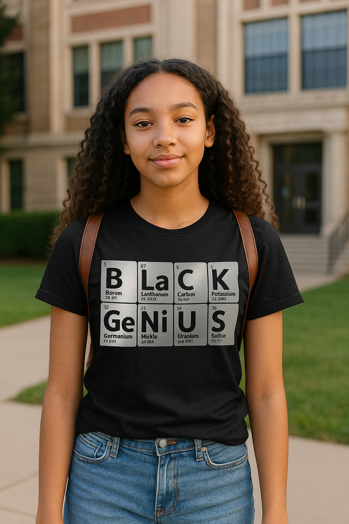 Black teenage girl wearing Black Genius T-Shirt in front of school steps, youth STEM fashion and HBCU pride.