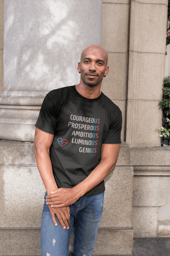 Man wearing The US Tee standing by stone column street style photo