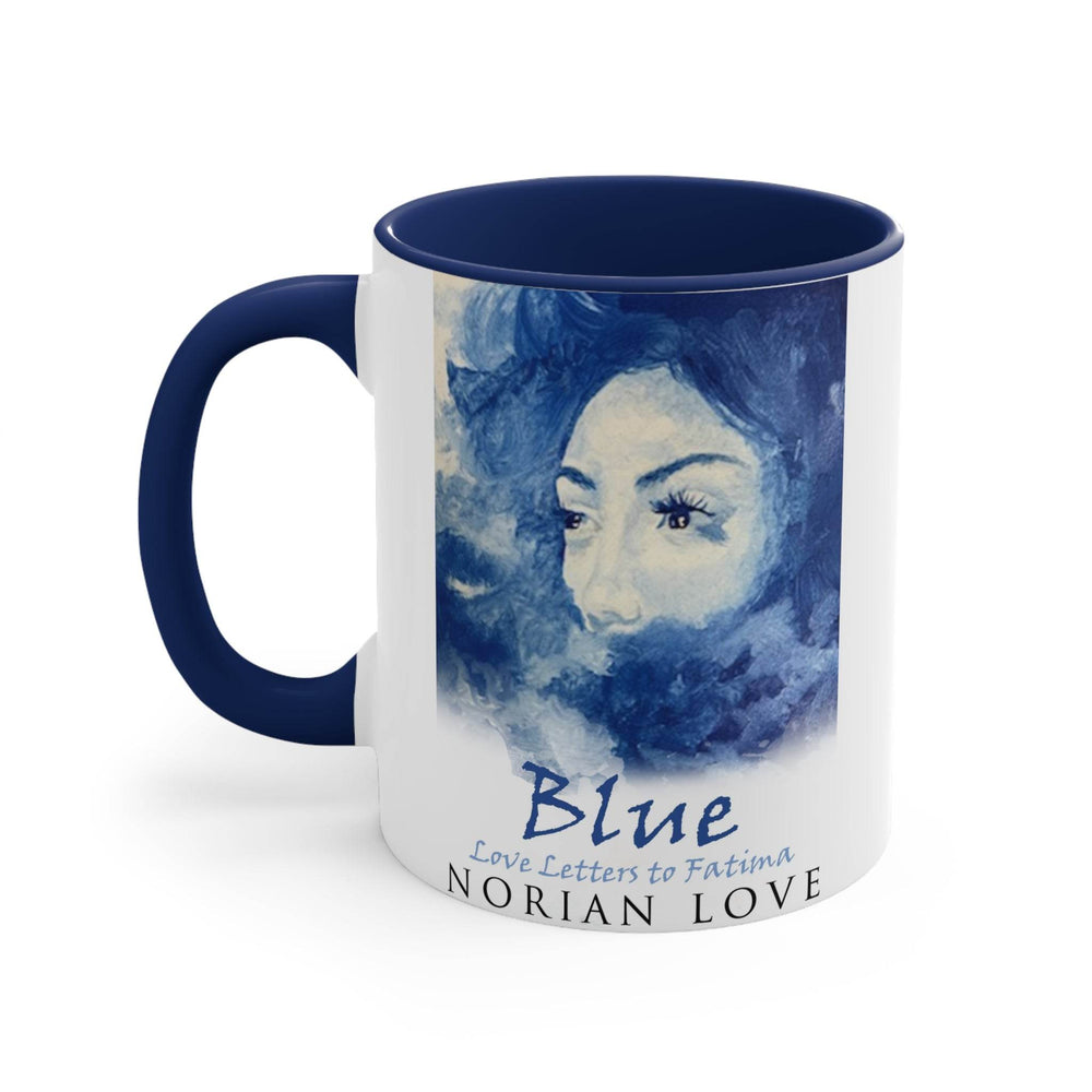 Close-up product photo of the Blue Love mug with the blue handle and cover art printed on the front.
